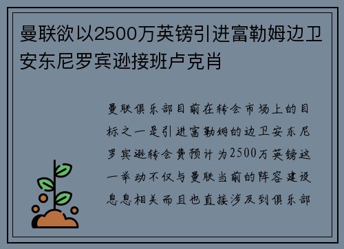 曼联欲以2500万英镑引进富勒姆边卫安东尼罗宾逊接班卢克肖 曼联欲以2500万英镑引进富勒姆边卫安东尼罗宾逊接班卢克肖
